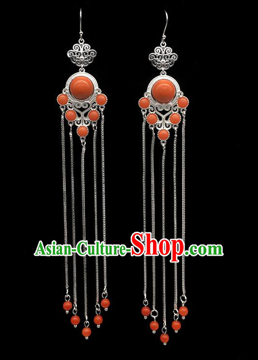 Chinese Traditional Mongolian Ethnic Sliver Accessories Mongol Nationality Coral Stone Earrings for Women