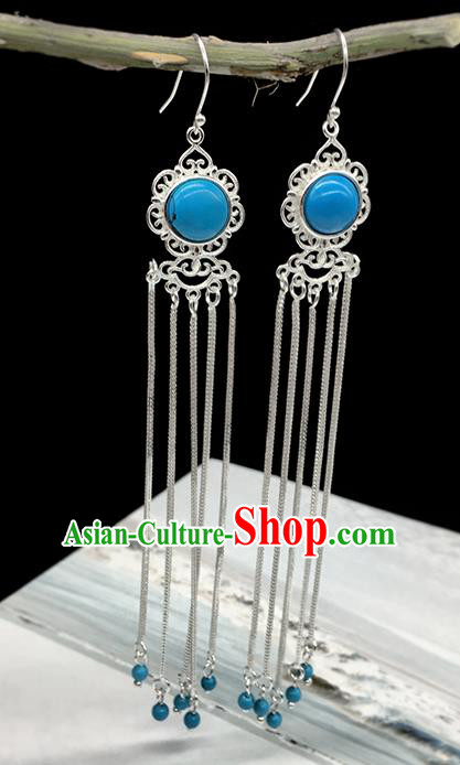 Traditional Chinese Mongolian Ethnic Blue Earring Mongol Nationality Sliver Tassel Ear Accessories for Women