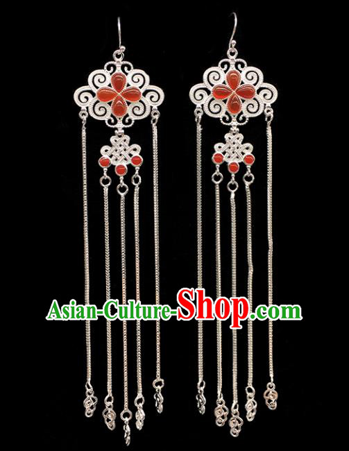 Traditional Chinese Mongolian Ethnic Sliver Tassel Earring Mongol Nationality Agate Ear Accessories for Women