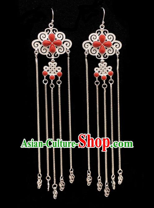 Traditional Chinese Mongolian Ethnic Sliver Tassel Earring Mongol Nationality Red Ear Accessories for Women