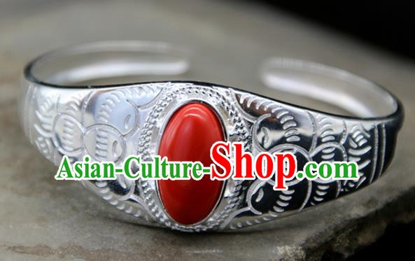 Chinese Traditional Ethnic Red Bracelet Handmade Zang Nationality Sliver Bangle for Women