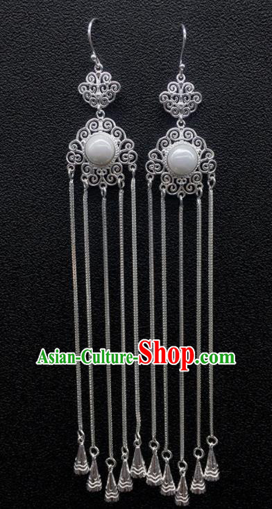 Traditional Chinese Mongolian Ethnic Sliver Tassel Earring Mongol Nationality Pearl Ear Accessories for Women