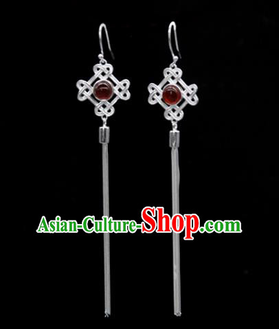 Traditional Chinese Mongolian Ethnic Garnet Earring Mongol Nationality Sliver Ear Accessories for Women