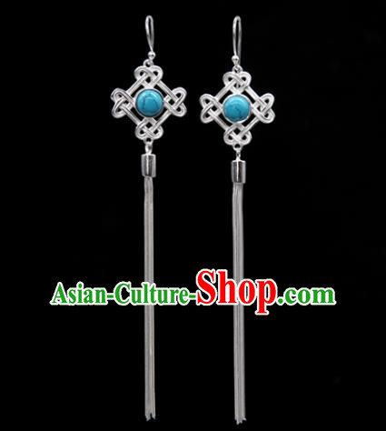 Traditional Chinese Mongolian Ethnic Blue Stone Earring Mongol Nationality Sliver Ear Accessories for Women