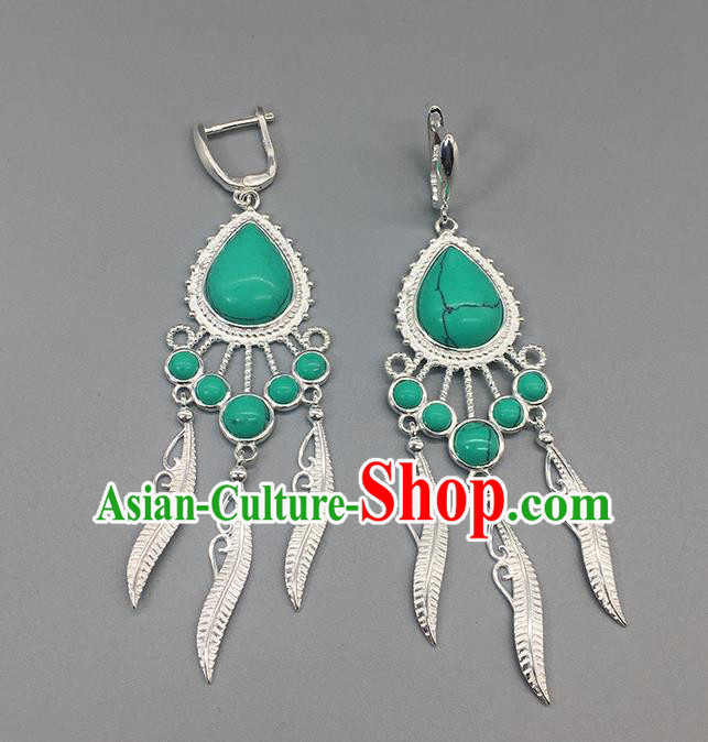 Traditional Chinese Mongolian Kallaite Earring Mongol Nationality Ethnic Sliver Ear Accessories for Women