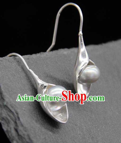 Traditional Chinese Mongolian Pearl Earring Mongol Nationality Ethnic Sliver Ear Accessories for Women
