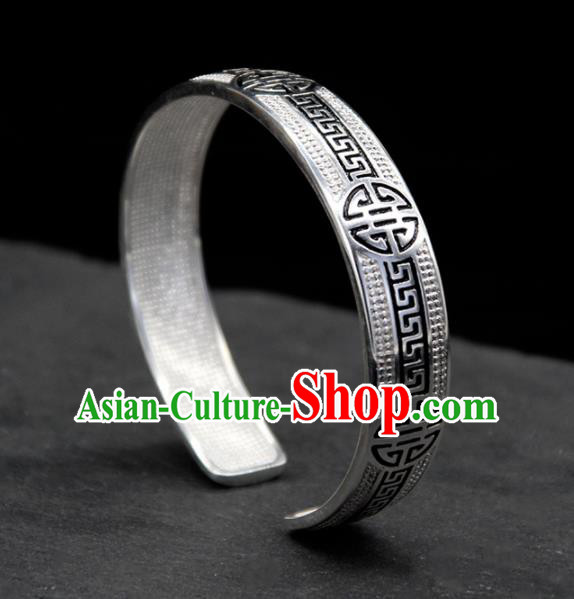 Traditional Chinese Mongolian Ethnic Carving Sliver Bracelet Mongol Nationality Bangle Accessories for Women