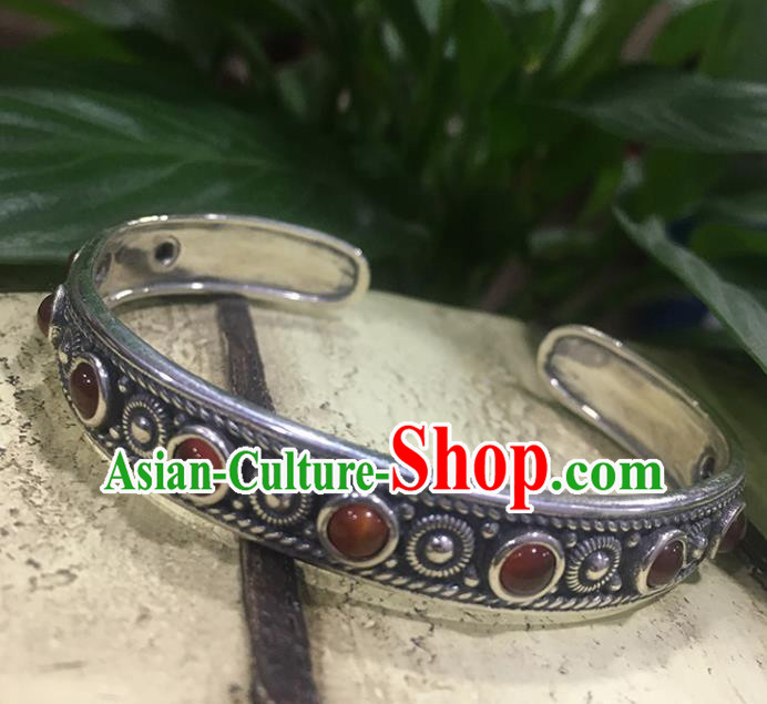 Traditional Chinese Mongolian Ethnic Carving Sliver Bracelet Mongol Nationality Garnet Bangle Accessories for Women