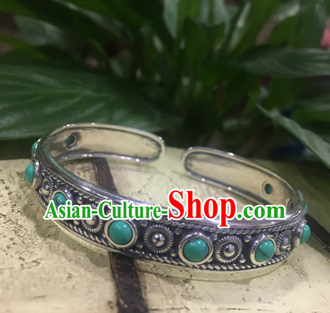 Traditional Chinese Mongolian Ethnic Carving Sliver Bracelet Mongol Nationality Kallaite Bangle Accessories for Women