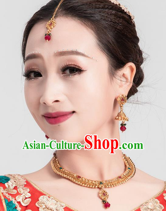 Asian India Traditional Jewelry Accessories Red Crystal Hair Clasp Necklace and Earrings for Women