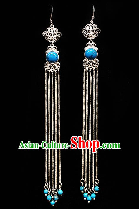 Traditional Chinese Mongolian Ethnic Long Tassel Earring Mongol Nationality Blue Stone Ear Accessories for Women