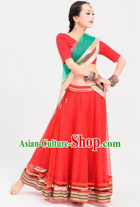 Asian India Princess Traditional Oriental Bollywood Costumes South Asia Indian Belly Dance Red Veil Sari Dress for Women