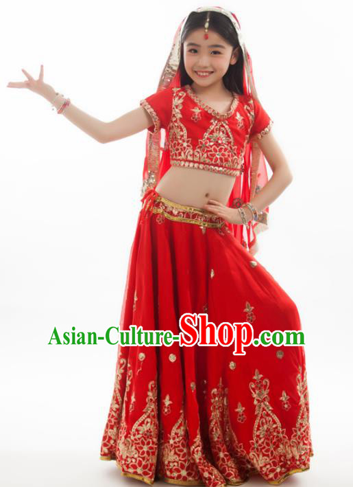 Asian India Princess Traditional Oriental Bollywood Costumes South Asia Indian Belly Dance Red Sari Dress for Kids
