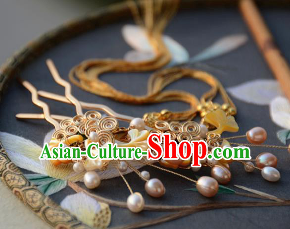 Traditional Chinese Hanfu Pearls Golden Hair Clip Hair Accessories Ancient Princess Hairpins for Women
