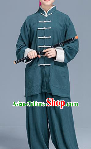 Asian Chinese Traditional Martial Arts Green Linen Costume Tai Ji Kung Fu Training Uniform for Women