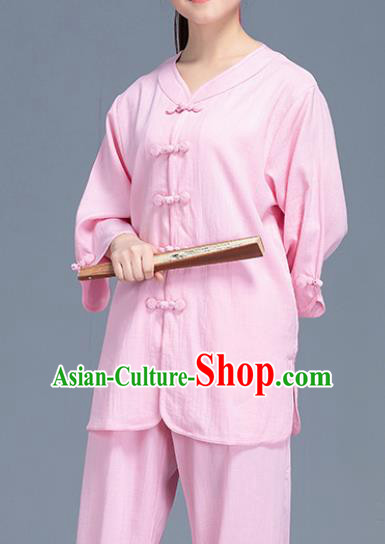 Asian Chinese Traditional Martial Arts Pink Linen Costume Tai Ji Kung Fu Training Uniform for Women