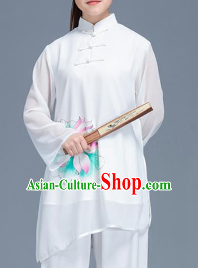 Asian Chinese Traditional Martial Arts Costume Tai Ji Kung Fu Training Printing Lotus Uniform for Women