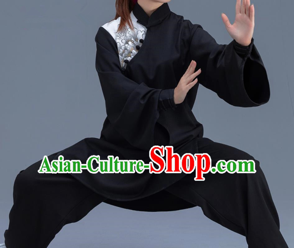 Asian Chinese Traditional Martial Arts Printing Peony Black Costume Tai Ji Kung Fu Training Uniform for Women