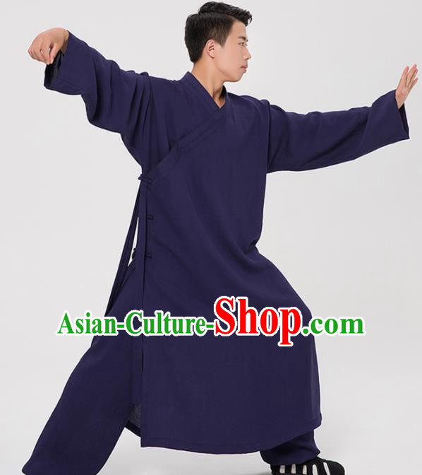 Asian Chinese Traditional Martial Arts Kung Fu Costume Tang Suit Tai Ji Navy Robe for Men