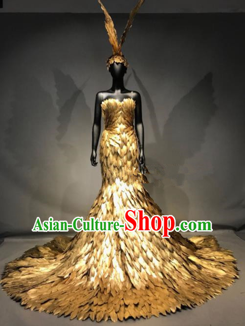 Top Grade Stage Performance Golden Feather Dress Brazilian Carnival Halloween Costume for Women