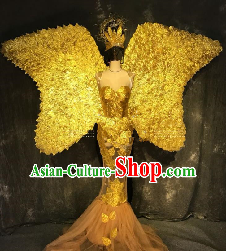Top Grade Halloween Stage Show Golden Feather Wings Dress Brazilian Carnival Modern Fancywork Costume for Women