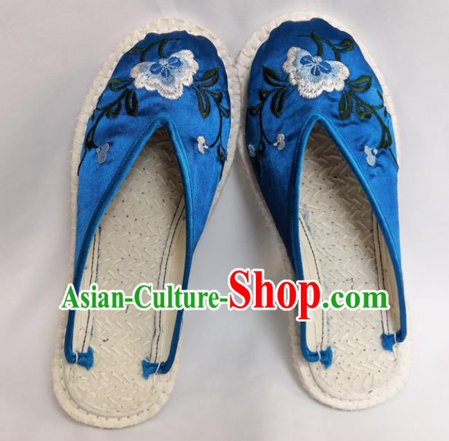 Chinese Ancient Princess Shoes Traditional Blue Satin Slippers Hanfu Shoes Embroidered Shoes for Women