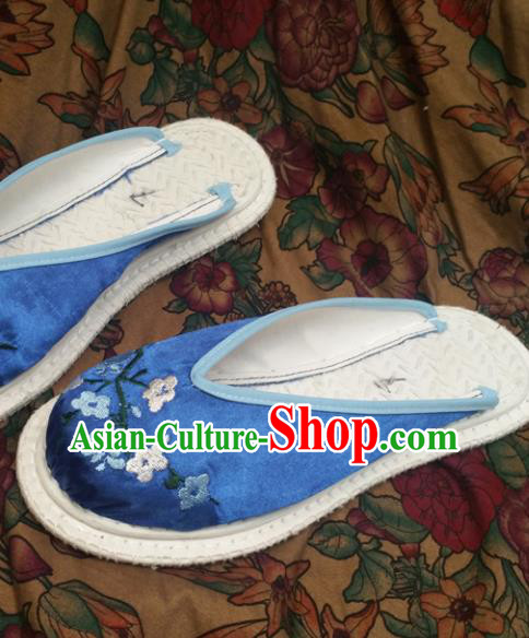 Chinese Ancient Princess Shoes Traditional Blue Satin Slippers Hanfu Shoes Embroidered Plum Blossom Shoes for Women