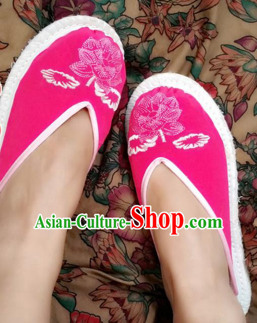 Chinese Ancient Princess Cloth Slippers Traditional Embroidered Lotus Rosy Shoes Hanfu Shoes for Women