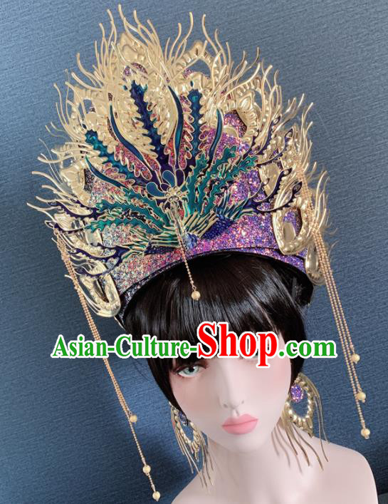 Chinese Handmade Purple Crystal Phoenix Hat Hair Accessories Halloween Modern Fancywork Headwear for Women