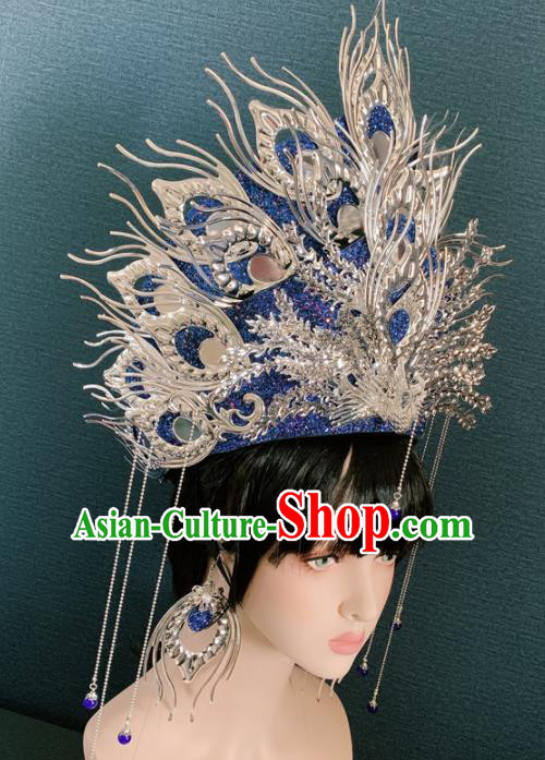 Chinese Handmade Blue Crystal Phoenix Hat Hair Accessories Halloween Modern Fancywork Headwear for Women
