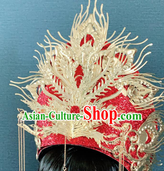 Chinese Handmade Red Phoenix Hat Hair Accessories Halloween Modern Fancywork Headwear for Women