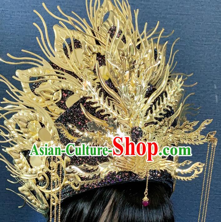 Chinese Handmade Golden Phoenix Hat Hair Accessories Halloween Modern Fancywork Headwear for Women