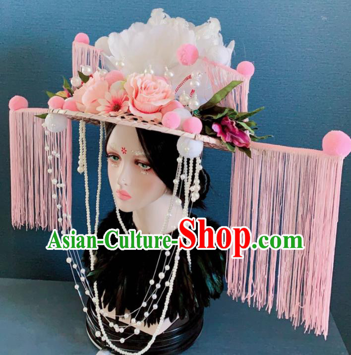 Chinese Handmade Pink Tassel Hat Hair Accessories Halloween Modern Fancywork Headwear for Women