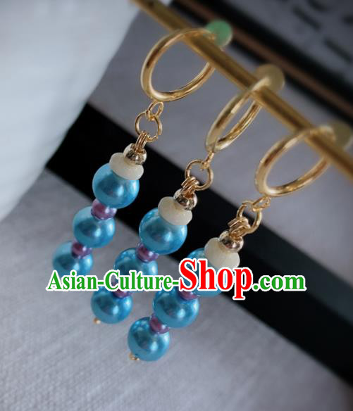 Chinese Traditional Ancient Qing Dynasty Manchu Lady Blue Beads Earrings for Women