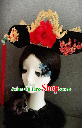 Traditional Chinese Ancient Palace Red Peony Hair Accessories Qing Dynasty Queen Headwear for Women