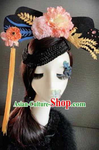 Traditional Chinese Qing Dynasty Queen Pink Peony Headwear Ancient Palace Phoenix Hair Accessories for Women