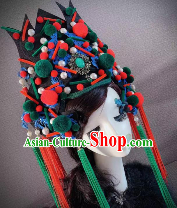 Handmade Chinese Ancient Opera Luxury Green Hair Accessories Halloween Modern Fancywork Headwear for Women