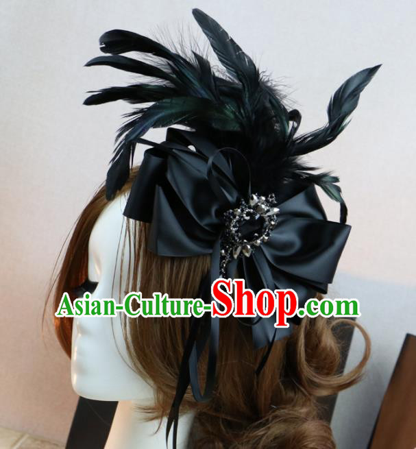 Top Grade Stage Performance Bowknot Hair Accessories Gothic Bride Black Feather Hair Stick Headwear for Women
