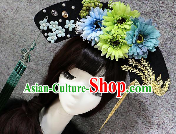 Chinese Ancient Palace Headwear Traditional Qing Dynasty Manchu Green Flowers Hair Accessories for Women