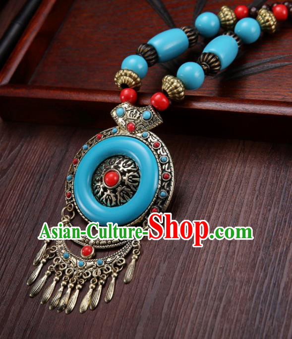 Handmade Chinese Zang Nationality Blue Necklace Traditional Ethnic Necklet Accessories for Women