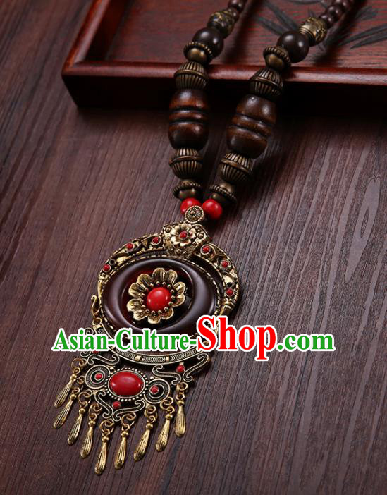 Handmade Chinese Zang Nationality Wine Red Necklace Traditional Ethnic Necklet Accessories for Women