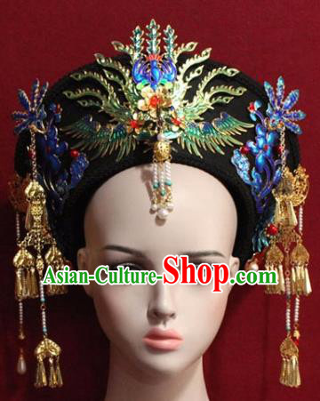 Chinese Ancient Manchu Empress Headwear Blueing Phoenix Hat Traditional Qing Dynasty Queen Hair Accessories for Women