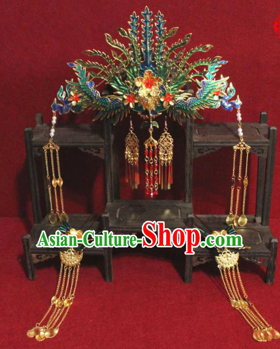 Chinese Ancient Cloisonne Phoenix Coronet Headwear Traditional Tang Dynasty Queen Hairpins Hair Accessories for Women