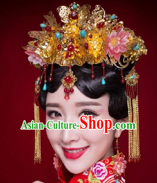Chinese Ancient Bride Hairpins Pink Lotus Phoenix Coronet Traditional Palace Wedding Hair Accessories Complete Set for Women
