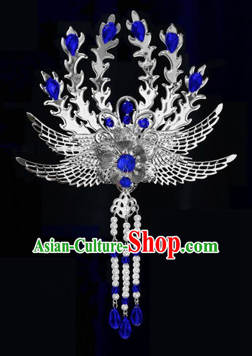 Chinese Ancient Princess Tassel Hair Clip Royalblue Crystal Phoenix Hairpins Traditional Palace Hanfu Hair Accessories for Women