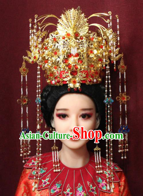 Chinese Ancient Queen Red Crystal Tassel Phoenix Coronet Hairpins Traditional Palace Wedding Hair Accessories for Women