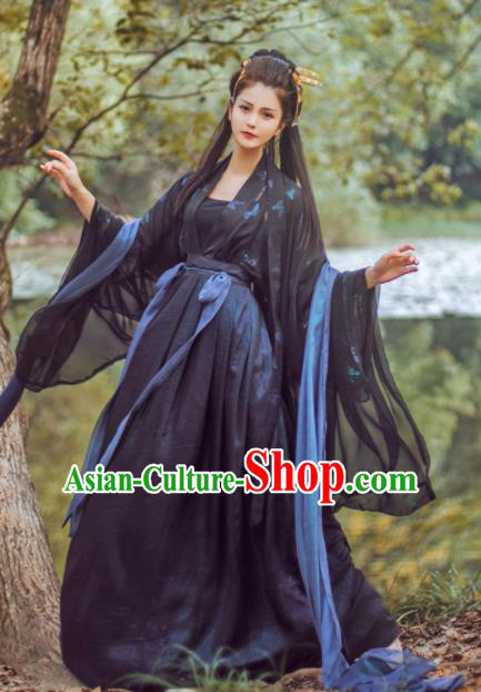 Chinese Traditional Jin Dynasty Imperial Consort Black Hanfu Dress Ancient Peri Goddess Costume for Women