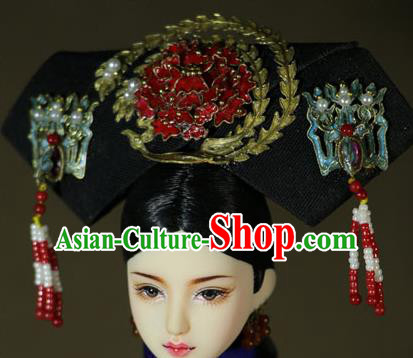 Chinese Ancient Cloisonne Red Peony Headwear Traditional Qing Dynasty Palace Manchu Imperial Consort Hair Accessories for Women