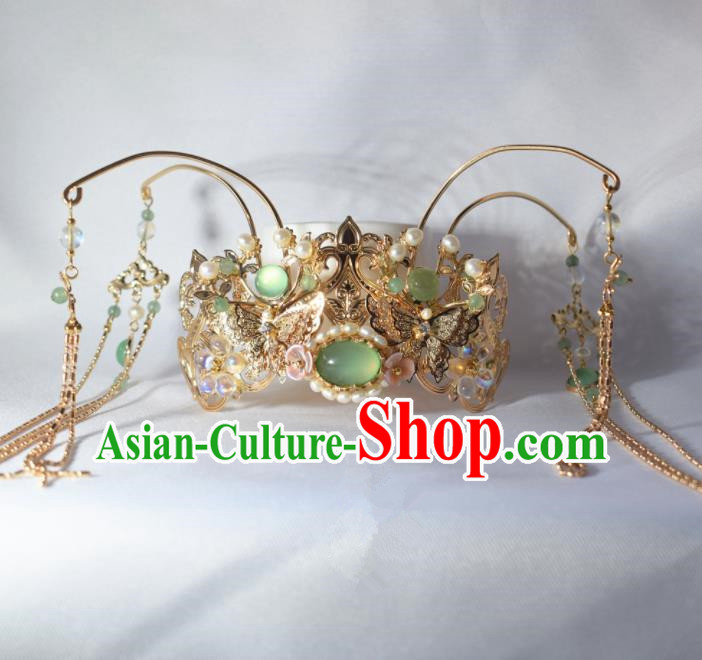 Chinese Ancient Princess Palace Green Chalcedony Tassel Hair Crown Hairpins Traditional Handmade Hanfu Hair Accessories for Women