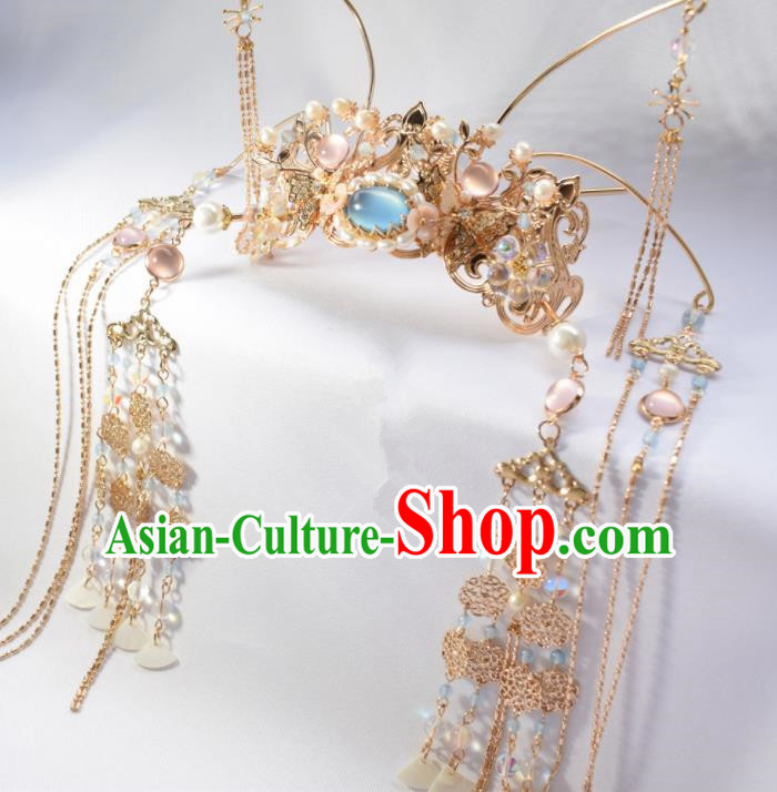 Chinese Ancient Princess Palace Blue Tassel Hair Crown Hairpins Traditional Handmade Hanfu Hair Accessories for Women